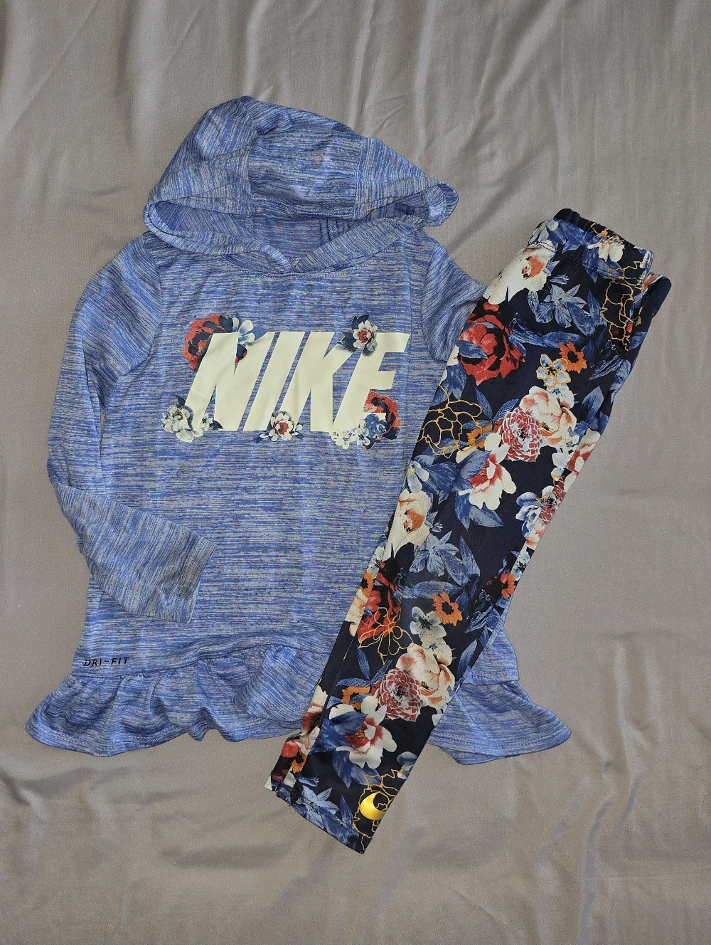 Nike Girls Blue Heather Hoodie and Navy Floral Leggings Set